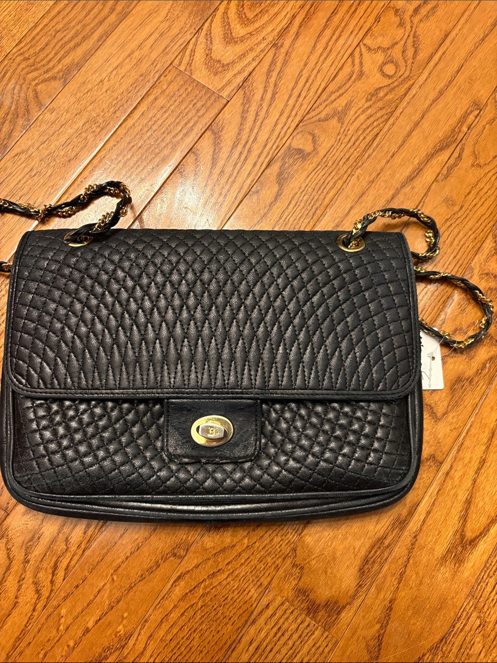 BALLY Quilted Black Lambskin Leather Chain Shoulder Bag Gold BA5269 See Photos